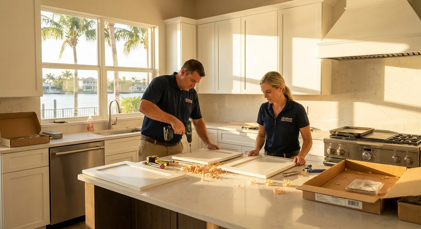 Professional cabinet refacing team working in a luxury Sarasota kitchen
