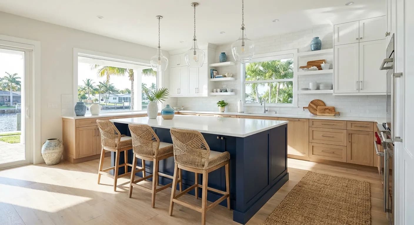 Modern coastal kitchen with navy island and white cabinets