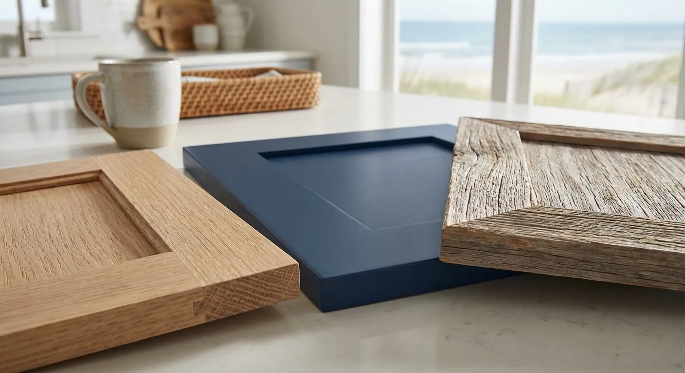 Close-up of durable cabinet refacing materials including wood and thermofoil