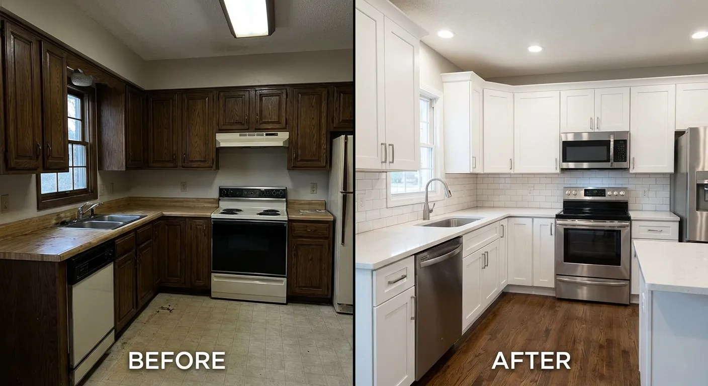 Comparison of kitchen before and after refacing