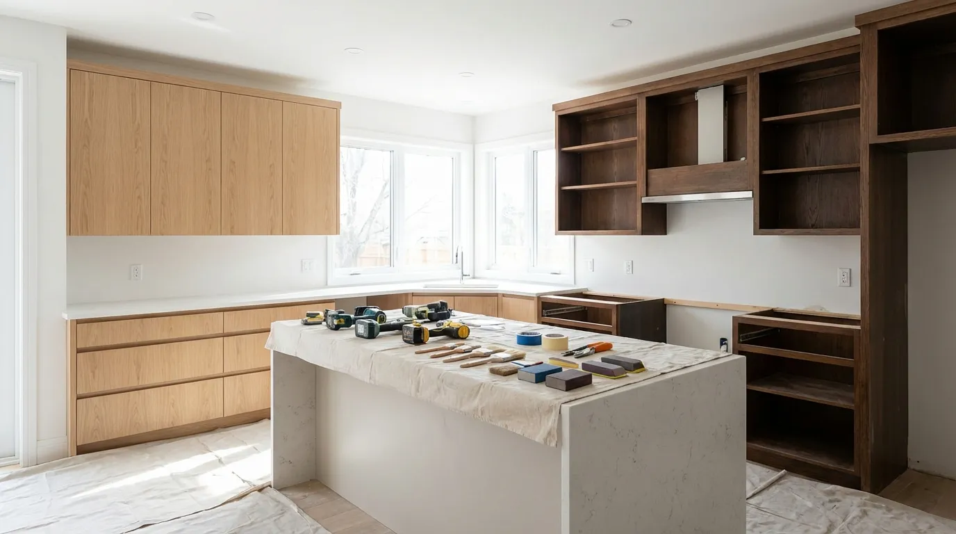Kitchen renovation timeline showing cabinet refacing in progress
